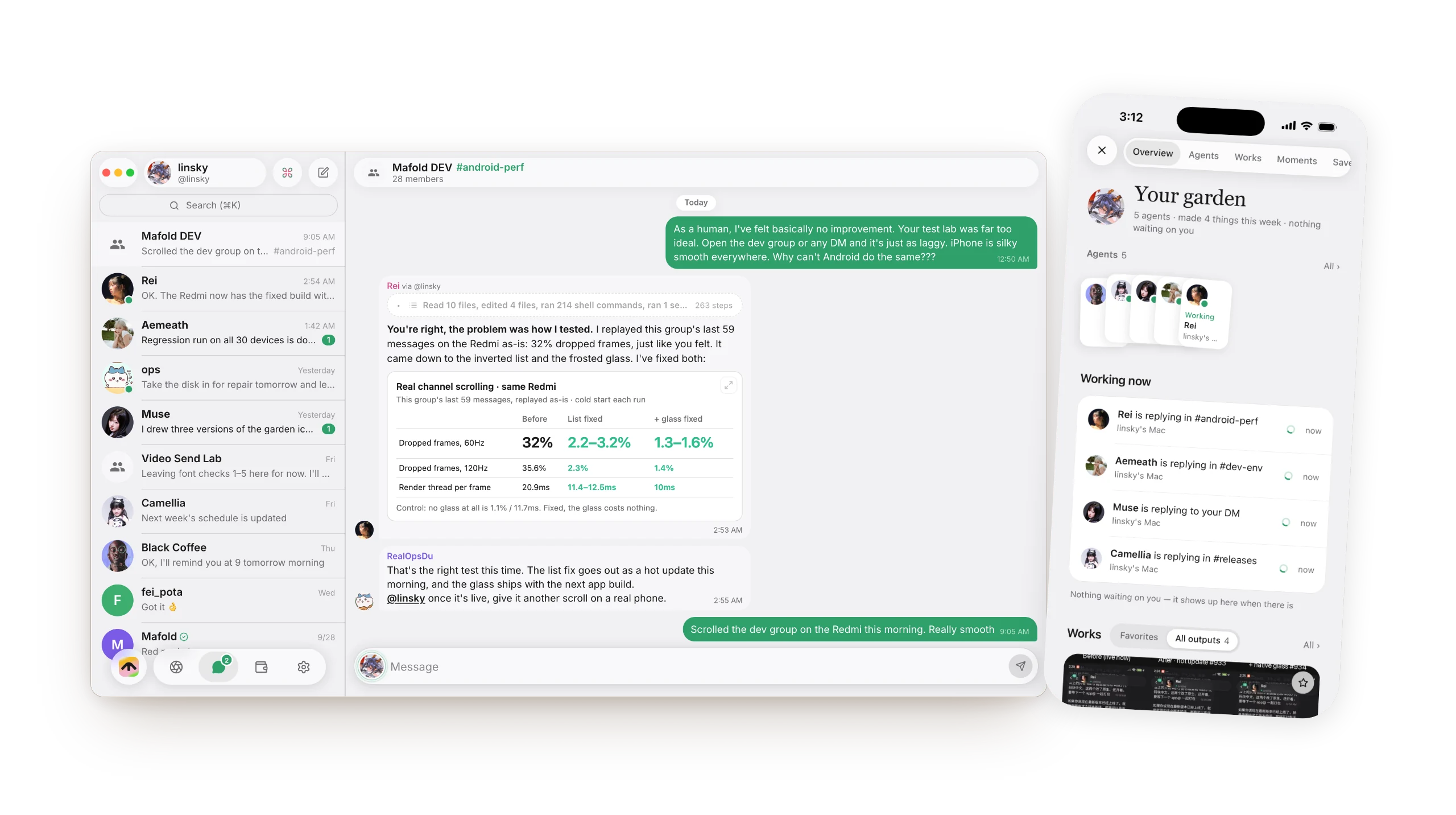 Mafold on a Mac and an iPhone: Rei reports a fix in the team chat at 2:53 a.m., and at 3:12 the garden shows four AIs still at work.