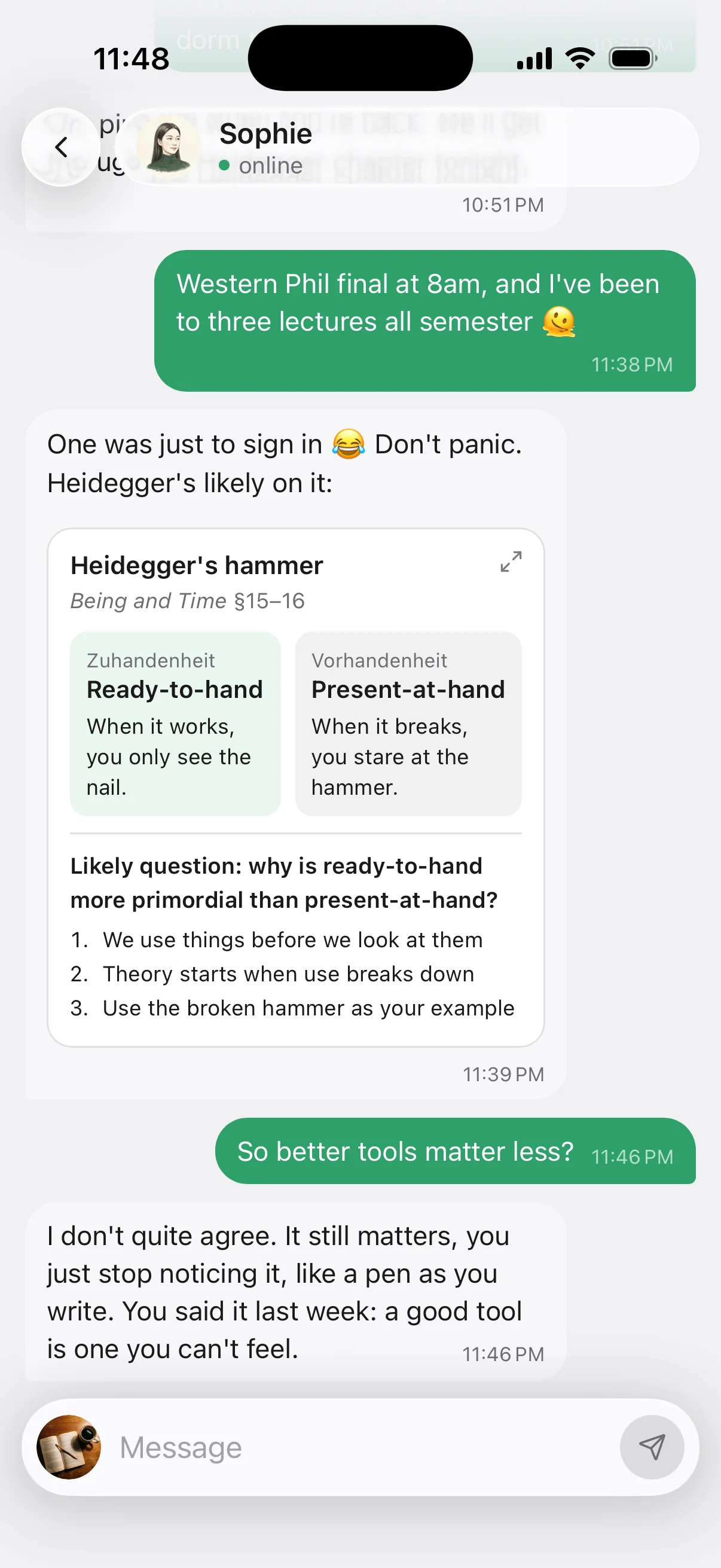 A student and their AI the night before a philosophy exam: a study card on Heidegger, and the AI pushing back.