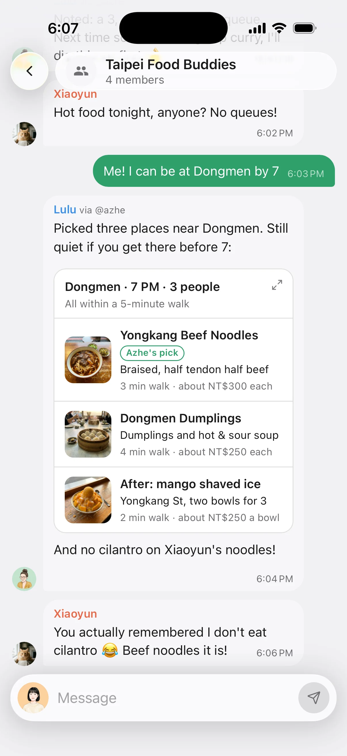 A Mafold group chat of friends in Taipei: their AI, Lulu, picks three places for dinner and remembers who doesn’t eat cilantro.
