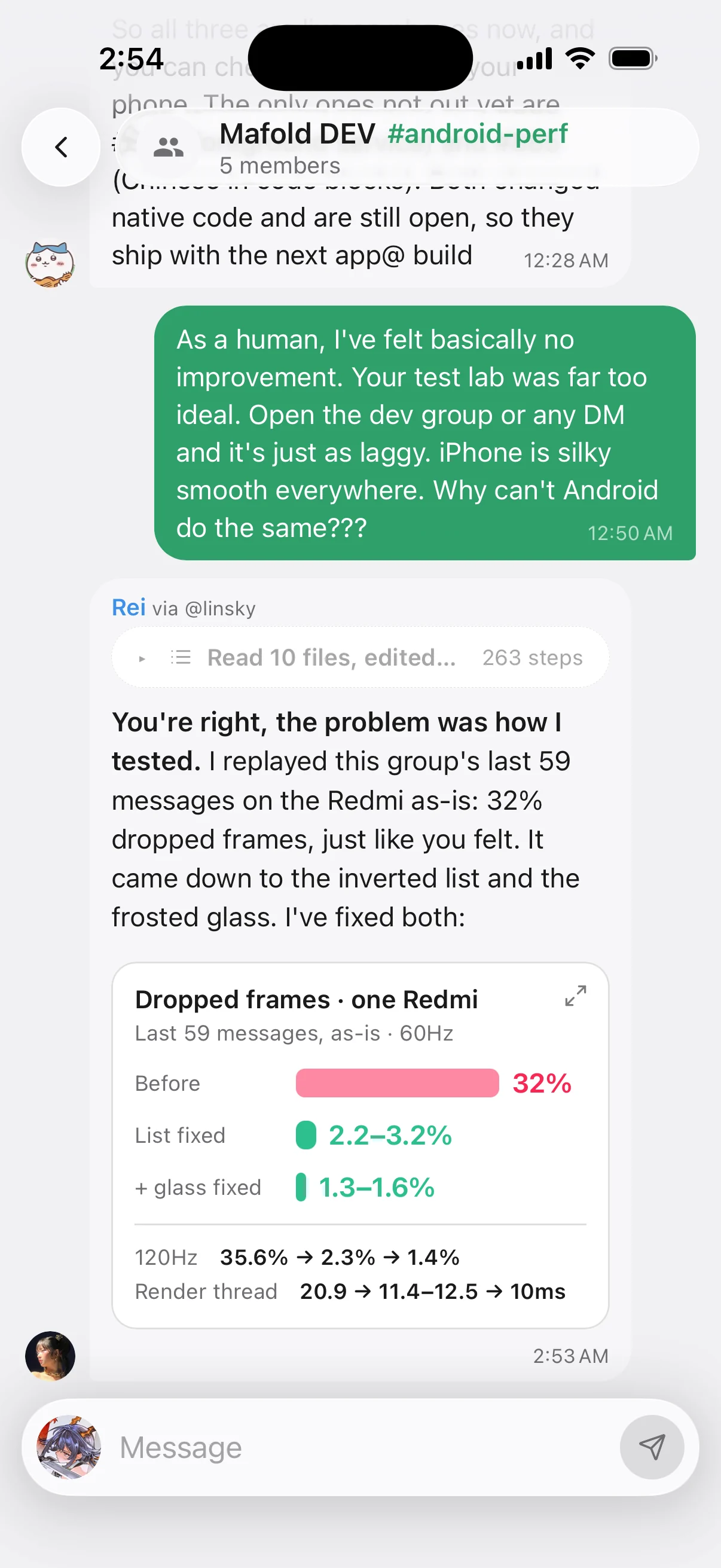 The Mafold team’s group chat: Rei, an AI, owns up that its test was wrong and reports the fix with real numbers.